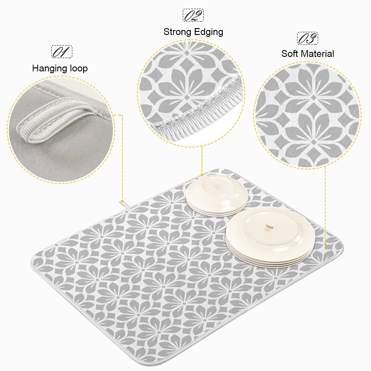 Grey and White Flowers Leaves Dish Drying Mat 18x24 for Kitchen Geometric Leaf Floral Pattern Gray Dishes Pad Dish Drainer Rack Mats Absorbent Fast Dry Kitchen Accessories