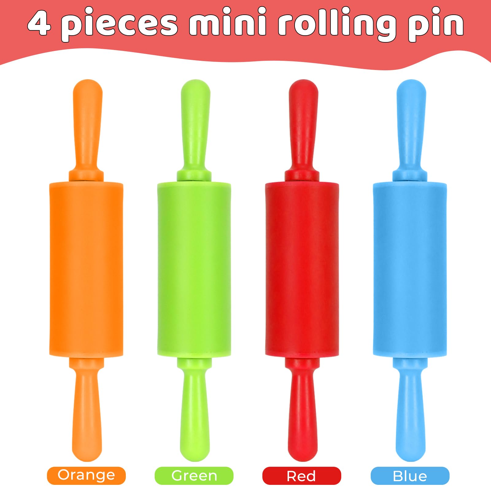 Faxco 4 Pack Mini Rolling Pin For Kids, 9 Inch Plastic Handle Rolling Pin Non-Stick Silicone Rolling Pins For Children Cake Baki