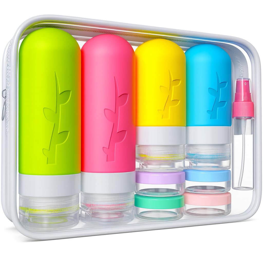 Tocelffe TSA Approved Travel Bottles Set - 18 Piece Leak-Proof Silicone Toiletry Kit with Clear Bag, Refillable Bottles, Jars, S
