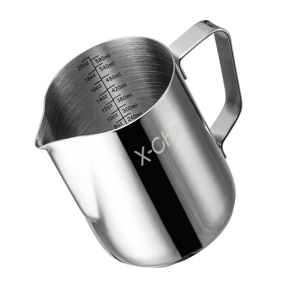 Milk Frothing Pitcher, X-Chef Milk Frother Cup, 20 Oz, Metal Frothing Cup Stainless Steel, Milk Steaming Pitcher Espresso Coffee