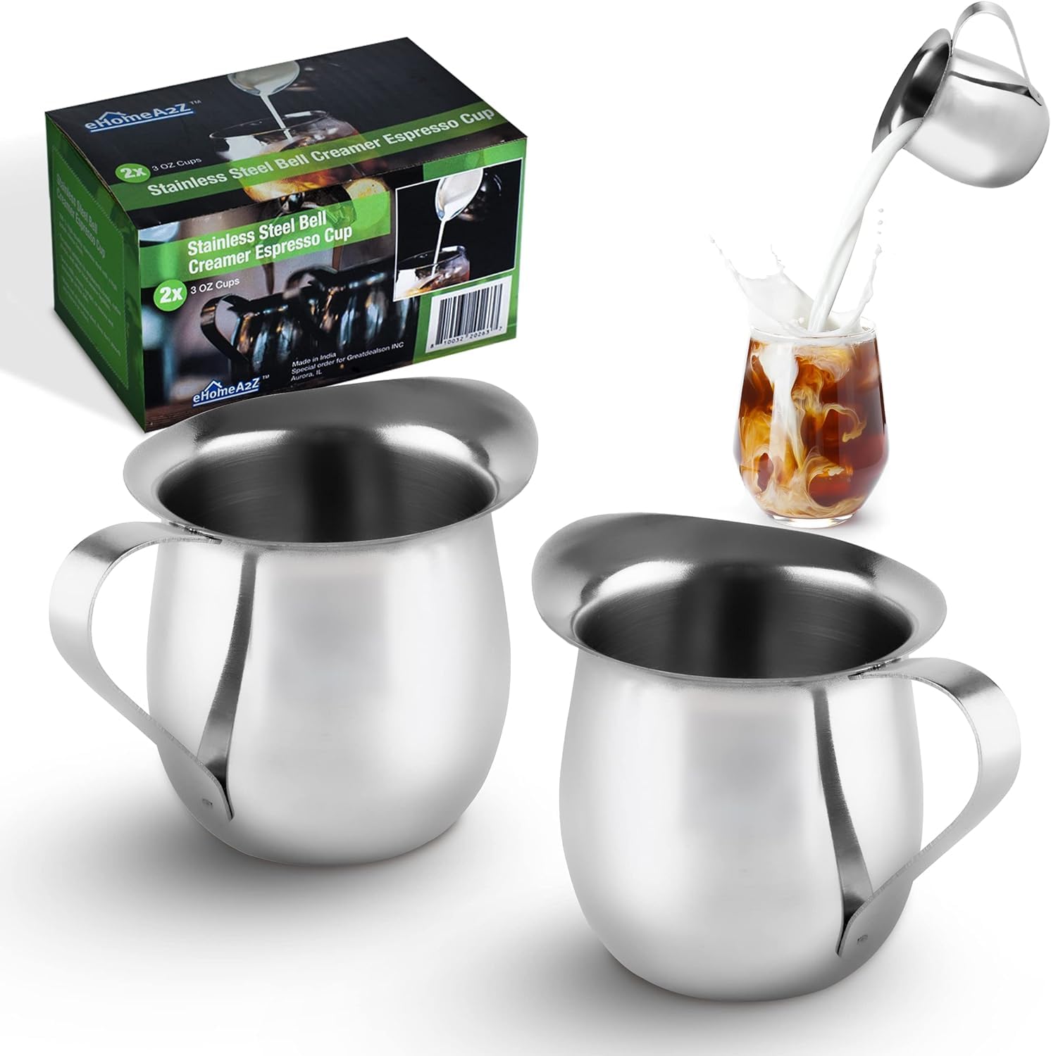 Ehomea2Z Stainless Steel Bell Creamer Espresso Shot Frothing Pitcher Cup Latte Art (4, 3 Oz)