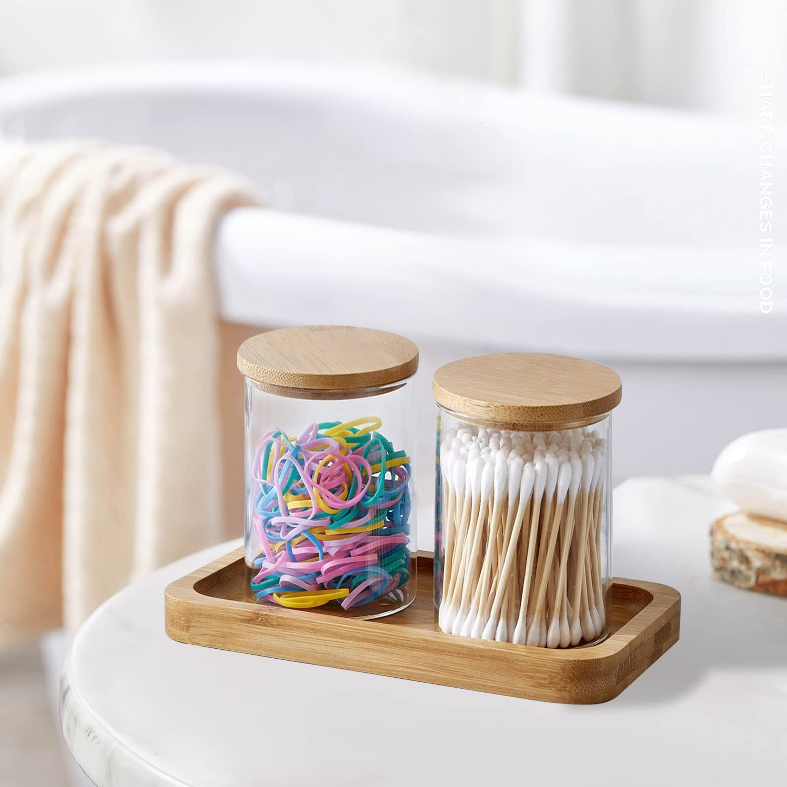 Bamboo Vanity Tray  Bathroom Tray Organizer Glass Qtip Holder Dispenser Apothecary Jars for Cotton Swabs Balls  Round Pad  Perfume Candles  Cosmetics and Jewelry Storage Organizer