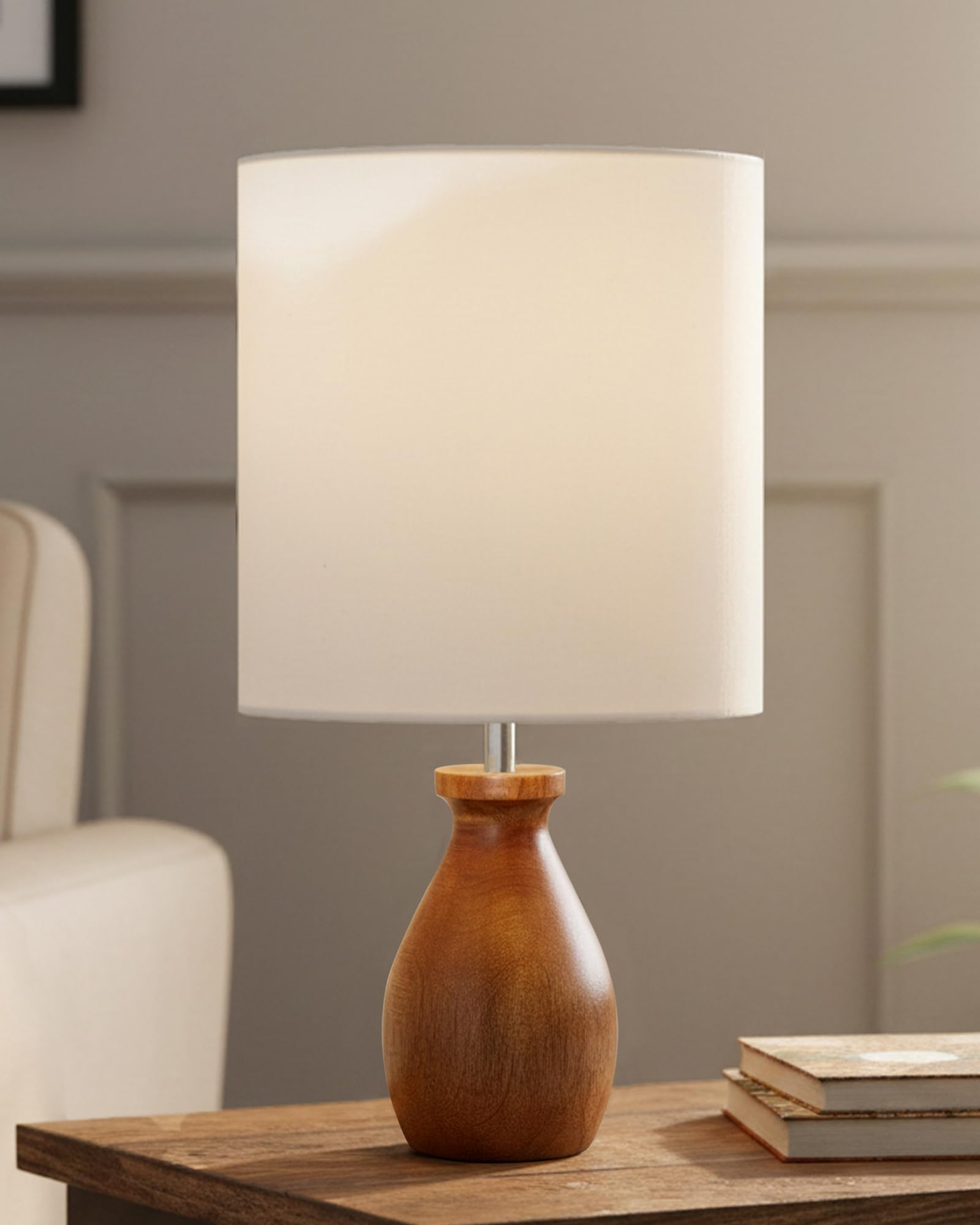 Homesake Dovel Pot, Modern Table Lamp With Shade, Wooden Base Modern Fabric Lampshade For Home Office Cafe Restaurant, (White)