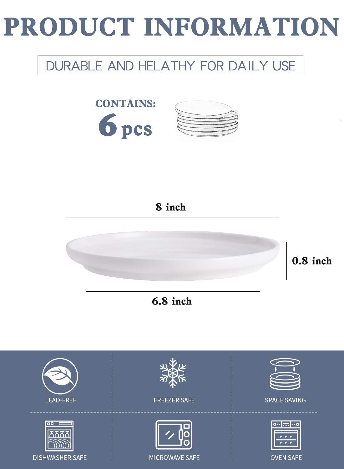Kanwone Porcelain Dessert Salad Plates - Set of 6, 8 Inch, White, Microwave & Dishwasher Safe