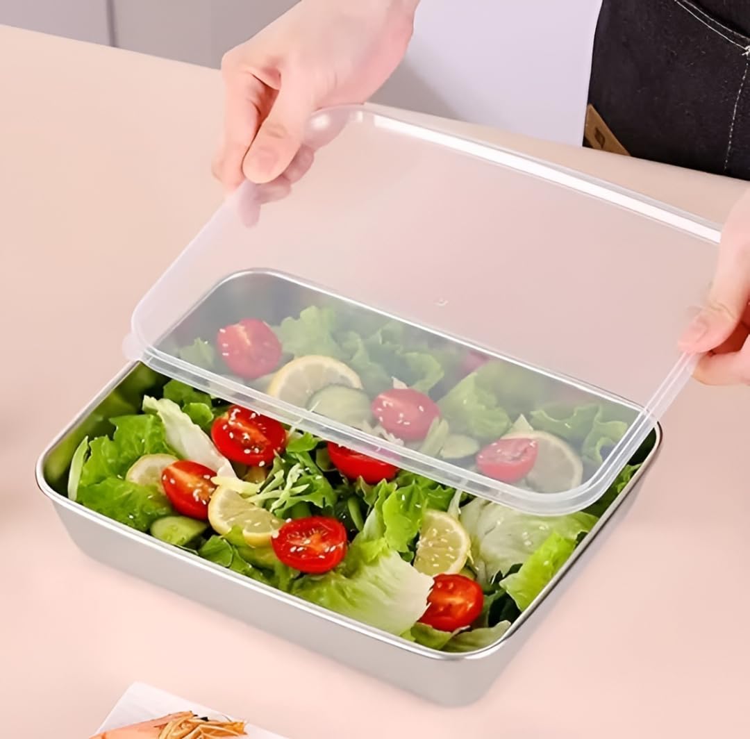 Stainless Steel Food Storage Tray With Lid, Multipurpose Serving Tray For Kitchen Fridge Dining Table, Rustproof Rectangular Ste