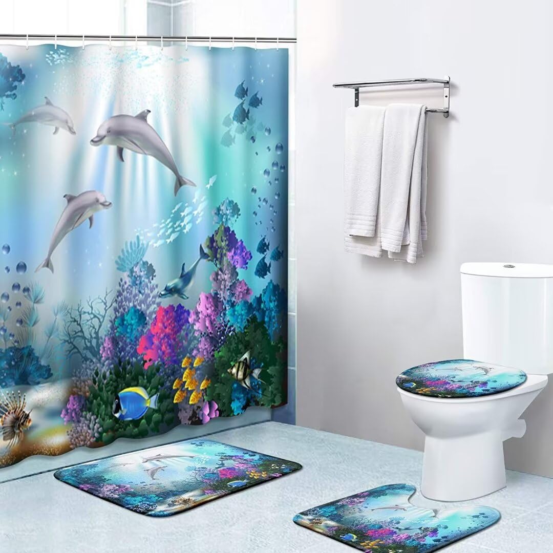 Yizheer 4Pcs Sea Dolphin Shower Curtain Sets With Rugs,Toilet Lid Cover And Bath Mat, Haunted House Shower Curtains Bathroom Dec