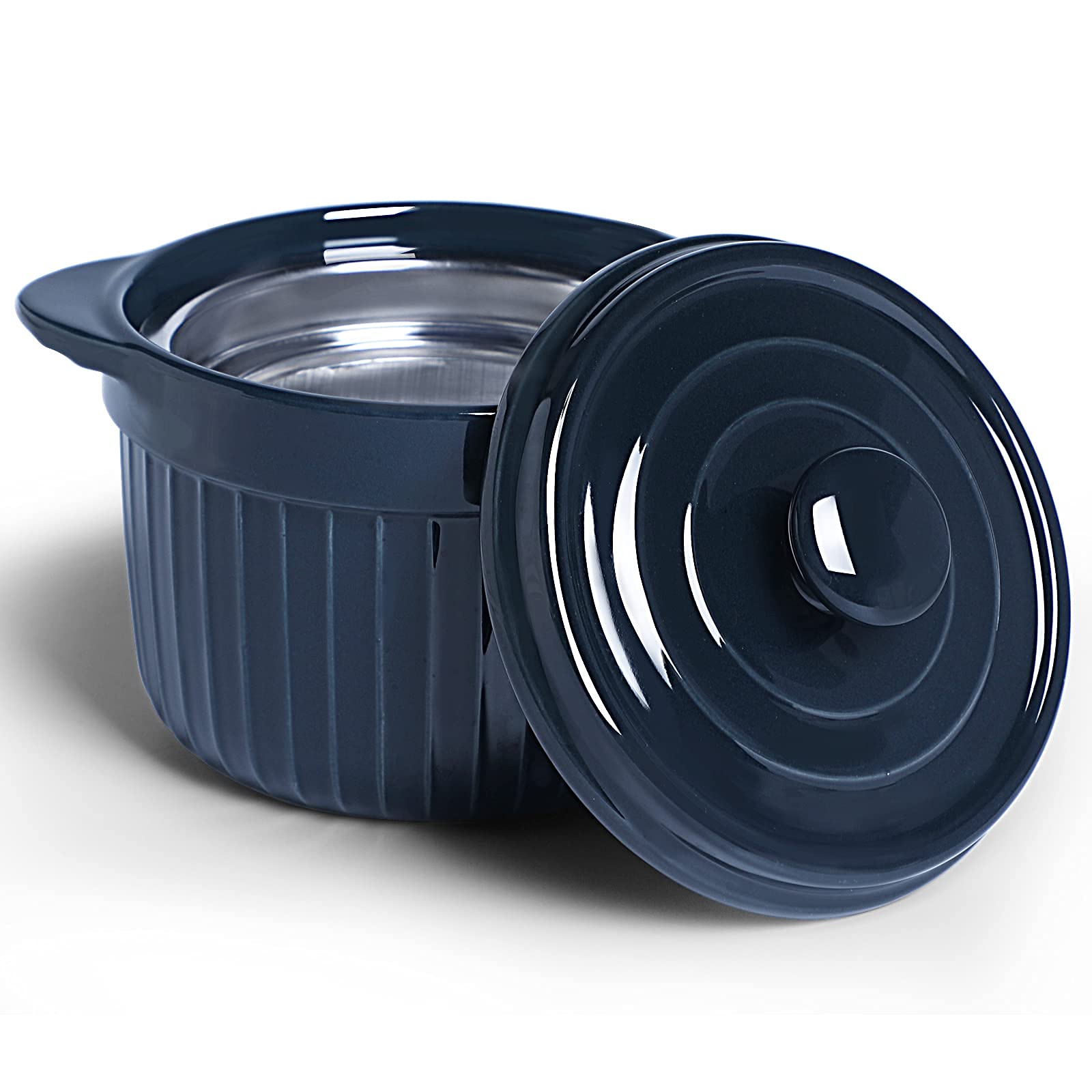 Ceramic Bacon Grease Container Keeper with Strainer, Frying Oil Storage Can, Navy