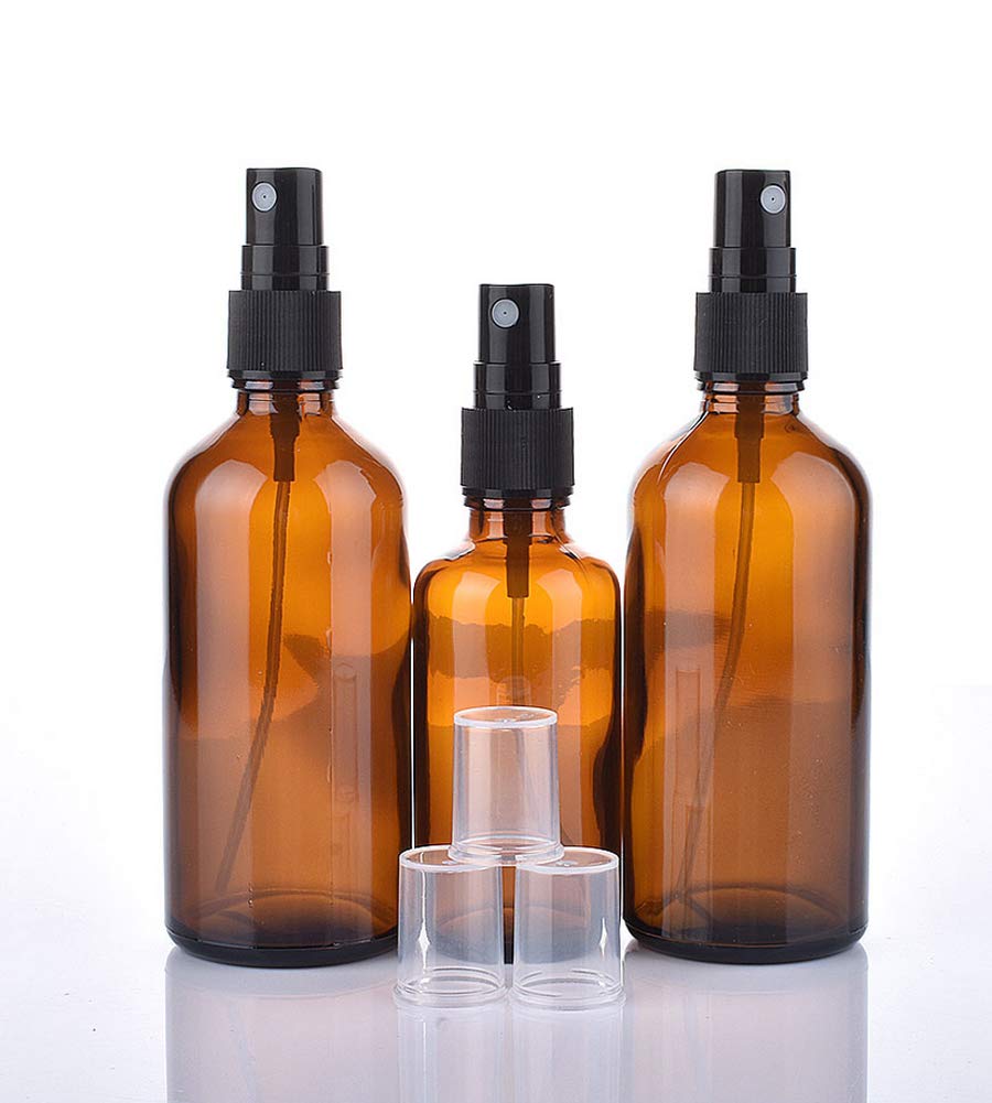 ericotry 3PCS 100ml/3.34oz Refillable Empty Amber Glass Spray Bottle Liquid Container Travel Makeup Sample Lotion Essential Oil Containers Sprayers