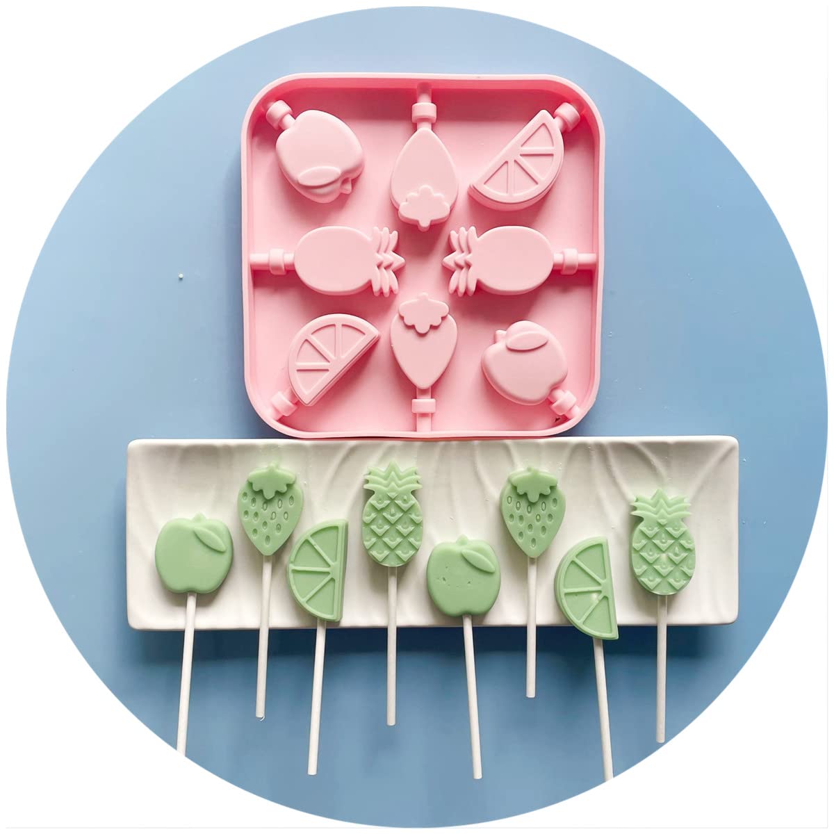 Cute Fruit Lollipop Mold Set Orange Hard Candy Sucker Mold and Fruits Chocolate Mold with 50pcs Lollipop Sucker Sticks, Candy Tr