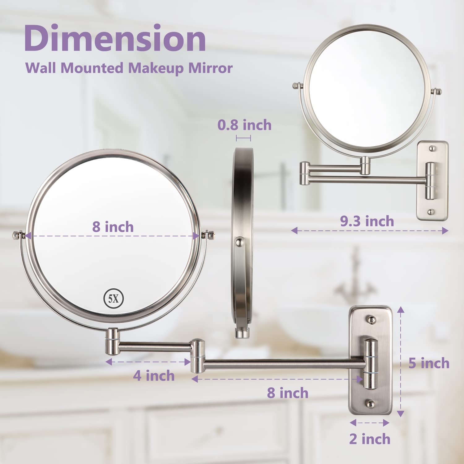 ALHAKIN Wall Mounted Makeup Mirror  1X/5X Magnifying Mirror Double Sided  8 Inch Extendable Bathroom Mirror for Shaving  Nickel