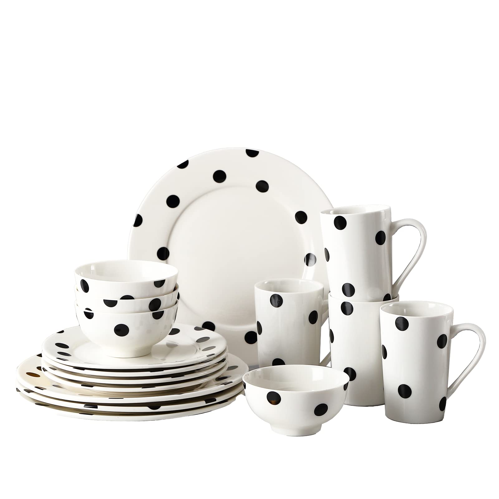 Loymokinar White Porcelain Dinnerware Sets 16-Piece Service for 4,Dishes, Round Plates, Bowls, Mugs Dish Set,Black and White Dis