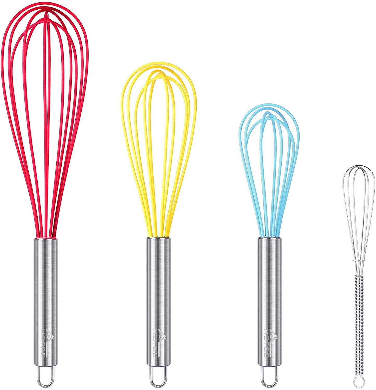 Hotec 4 Pieces Silicone Whisks Set, Wire Balloon Whisks Egg Beater, Non-Slip Handle Whisk For Non-Stick Cookware Perfect For Coo