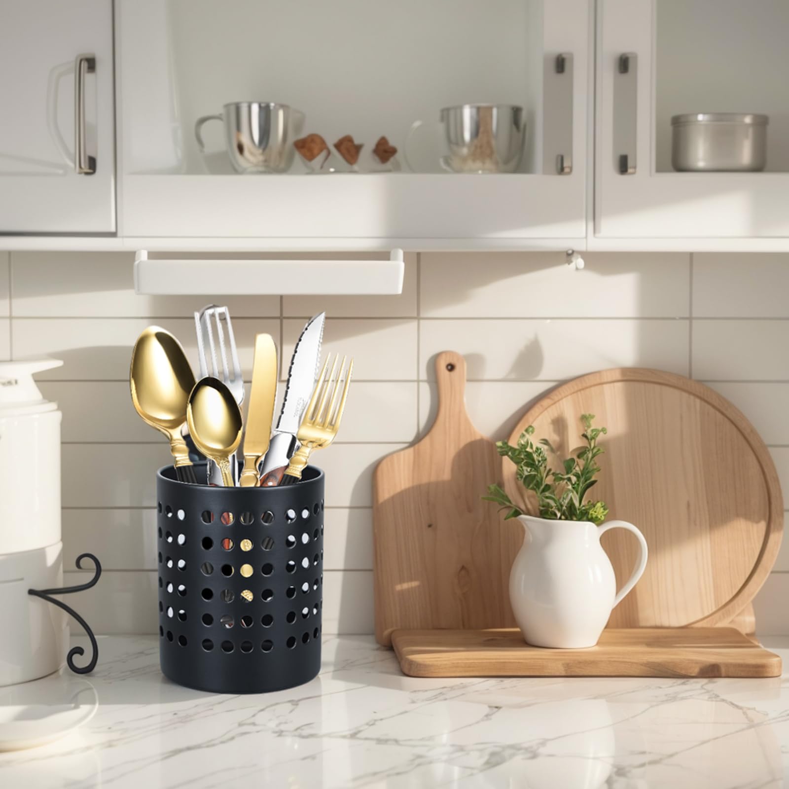 Ksendalo Round Black Metal Utensil Holder Set Of 2 - Caddy & Organizer For Drying Cooking Spoons, Spatulas, And Silverware - Ess