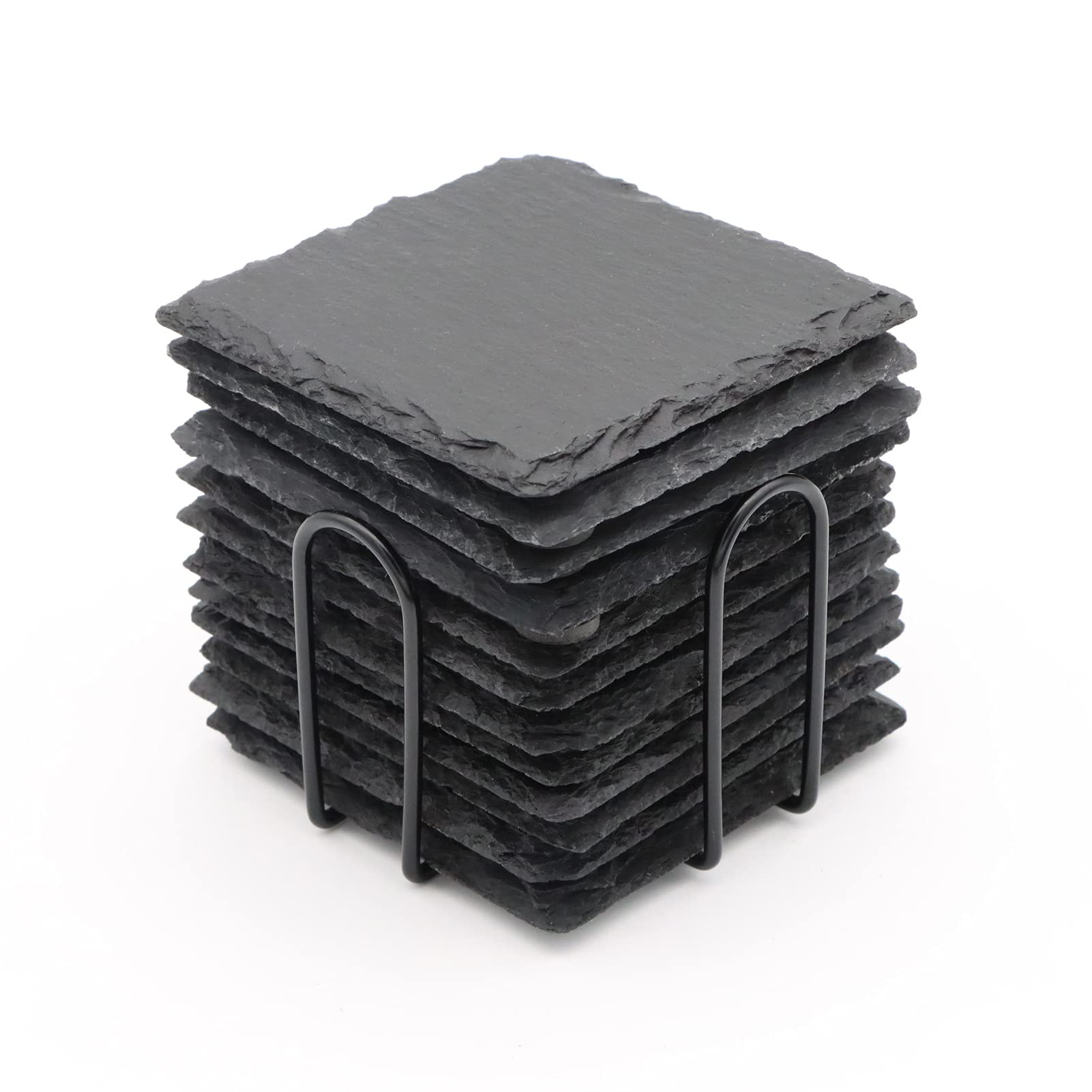 12 Pcs Square Slate Drink Coasters Set, Sijdiee 4 Inch Laser Engraving Black Slate Stone Coasters With Anti-Scratch Bottom And C