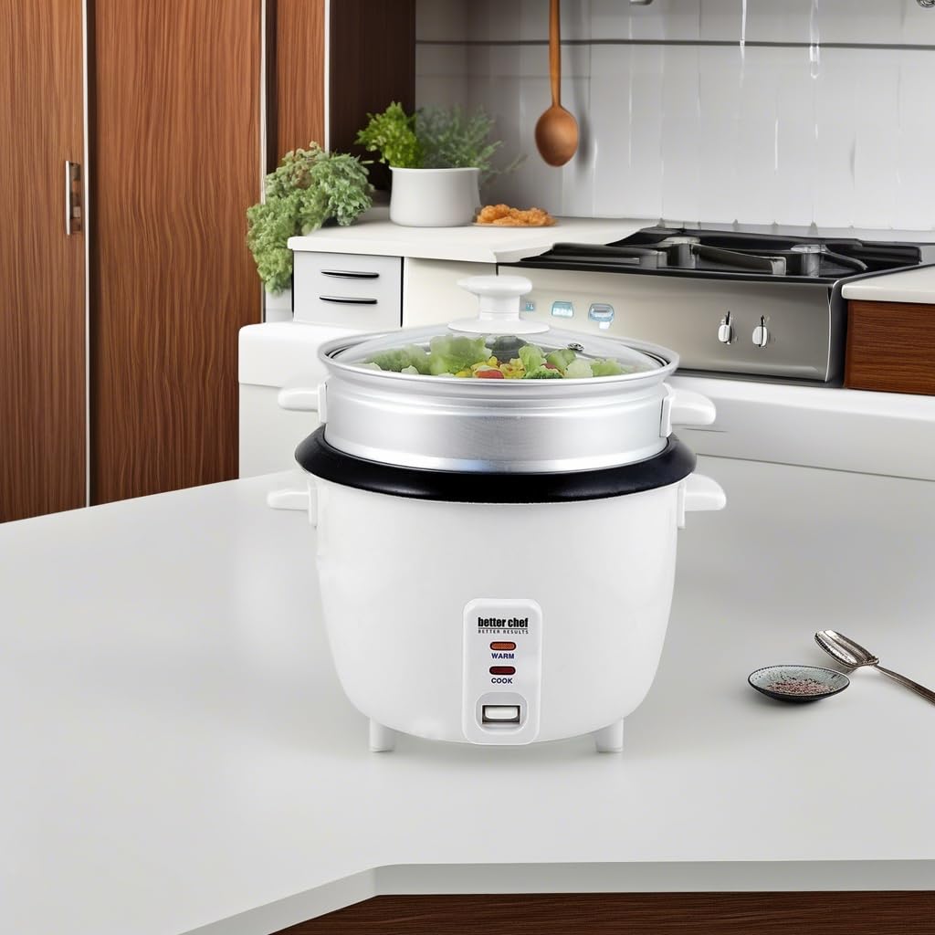 Better Chef Basic Rice Cooker With Food Steamer | Glass Lid | Non-Stick | Cool-Touch | Paddle And Cup Included (10-Cup, White)