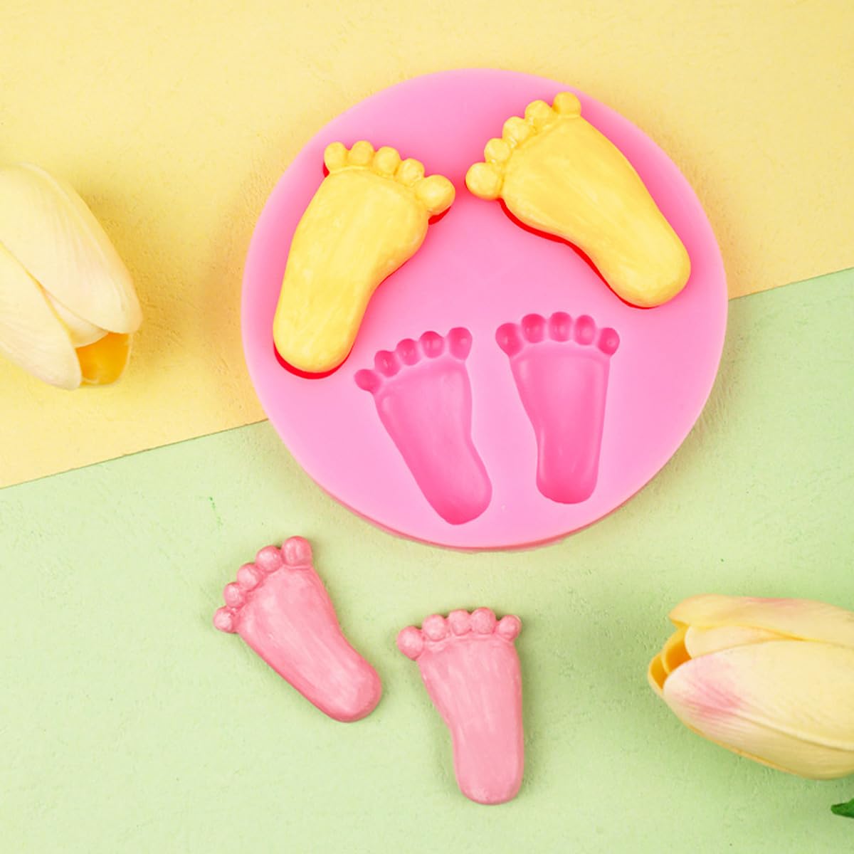Kuuguu 4 Pcs Baby Feet Fondant Mold Silicone 3D Baby Foot Mold Baby Shower Cake Topper Decoration Diy Baking Mould For Sugarcraf
