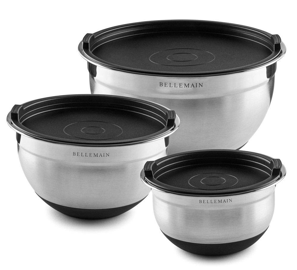 Bellemain Stainless Steel Non-Slip Mixing Bowls With Lids (3 Piece, Silver/Black)