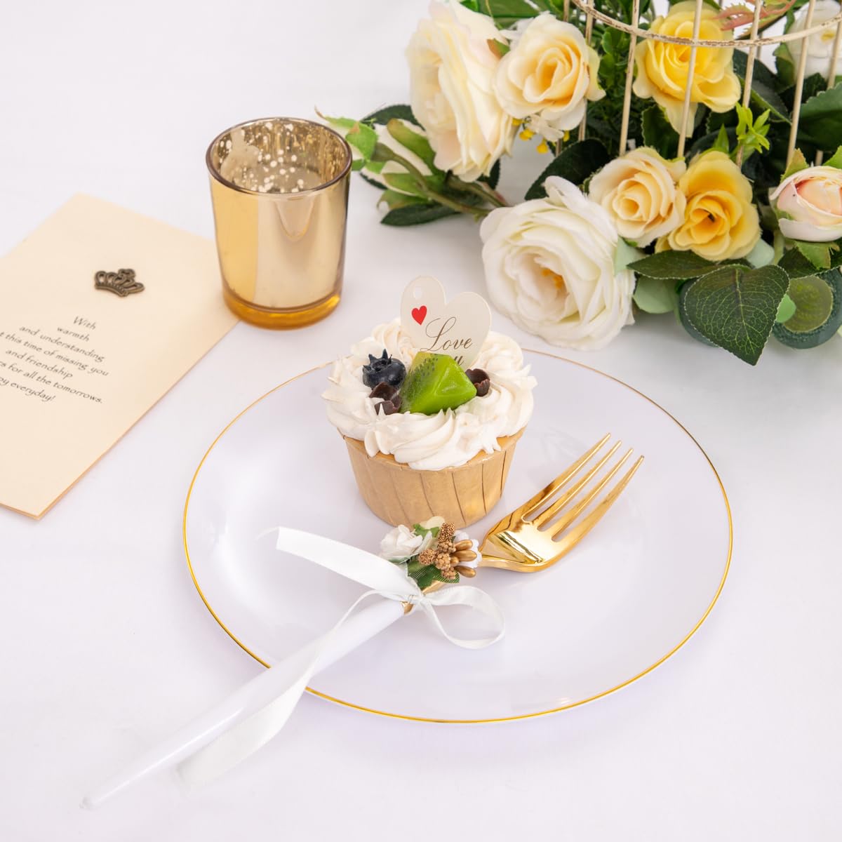 I00000 144 Gold Plastic Forks, Disposable Gold Flatware With White Handle, Look Like Gold Cutlery For Party Wedding