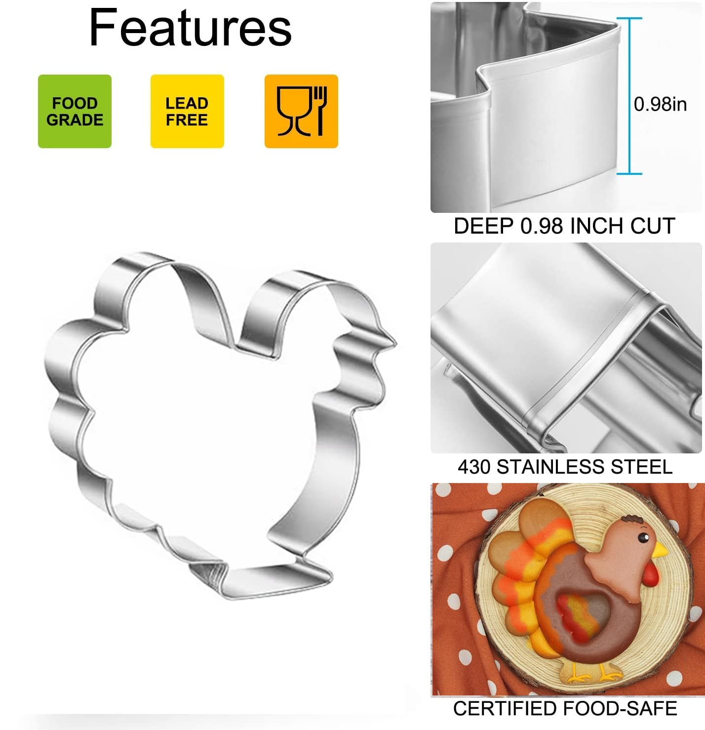 5 Piece Large Fall Thanksgiving Cookie Cutter, Holiday Cookie Cutters With Recipe Instruction Shapes Of Maple Leaf, Turkey, Chic