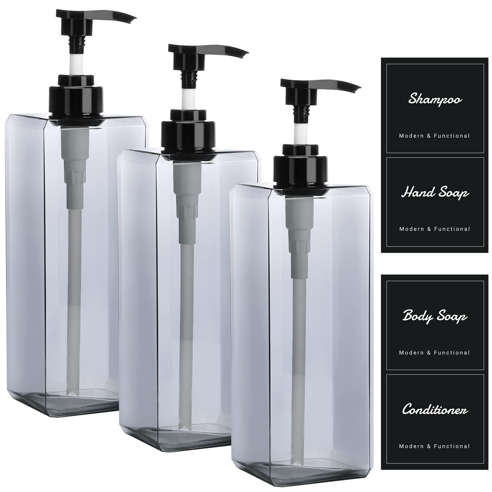 Suream 33.8Oz Refillable Shampoo Bottles For Shower, 3Packs 1000Ml Large Empty Pump Dispenser With 4Pcs Lables For Shampoo, Body