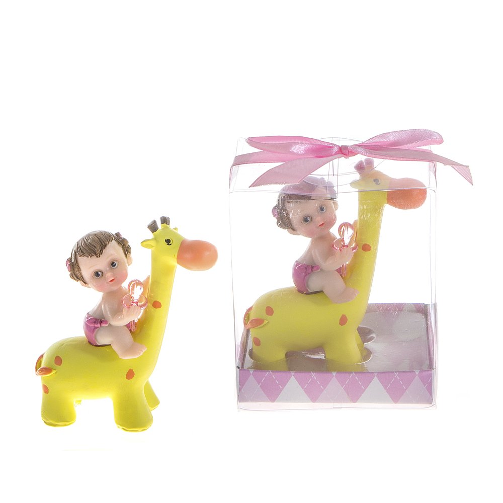 Lunaura Baby Keepsake - Set Of 12 ''Girl'' Baby Holding Pacifier Sitting On Giraffe Favors - Pink