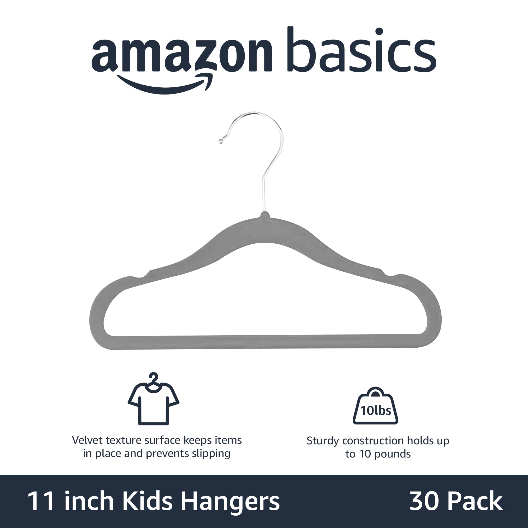 Amazon Basics Kids Velvet, Non-Slip Clothes Hangers For Infant And Toddler, 11.6 Inches (For Baby Clothes), Pack Of 30, Gray