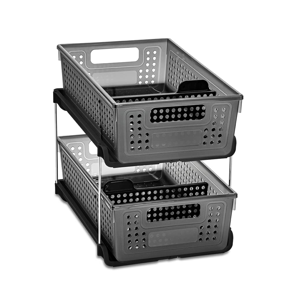 Madesmart Antimicrobial 2-Tier Organizer Multi-Purpose Slide-Out Storage With Handles And Dividers For Home And Bath, Pack Of 1,