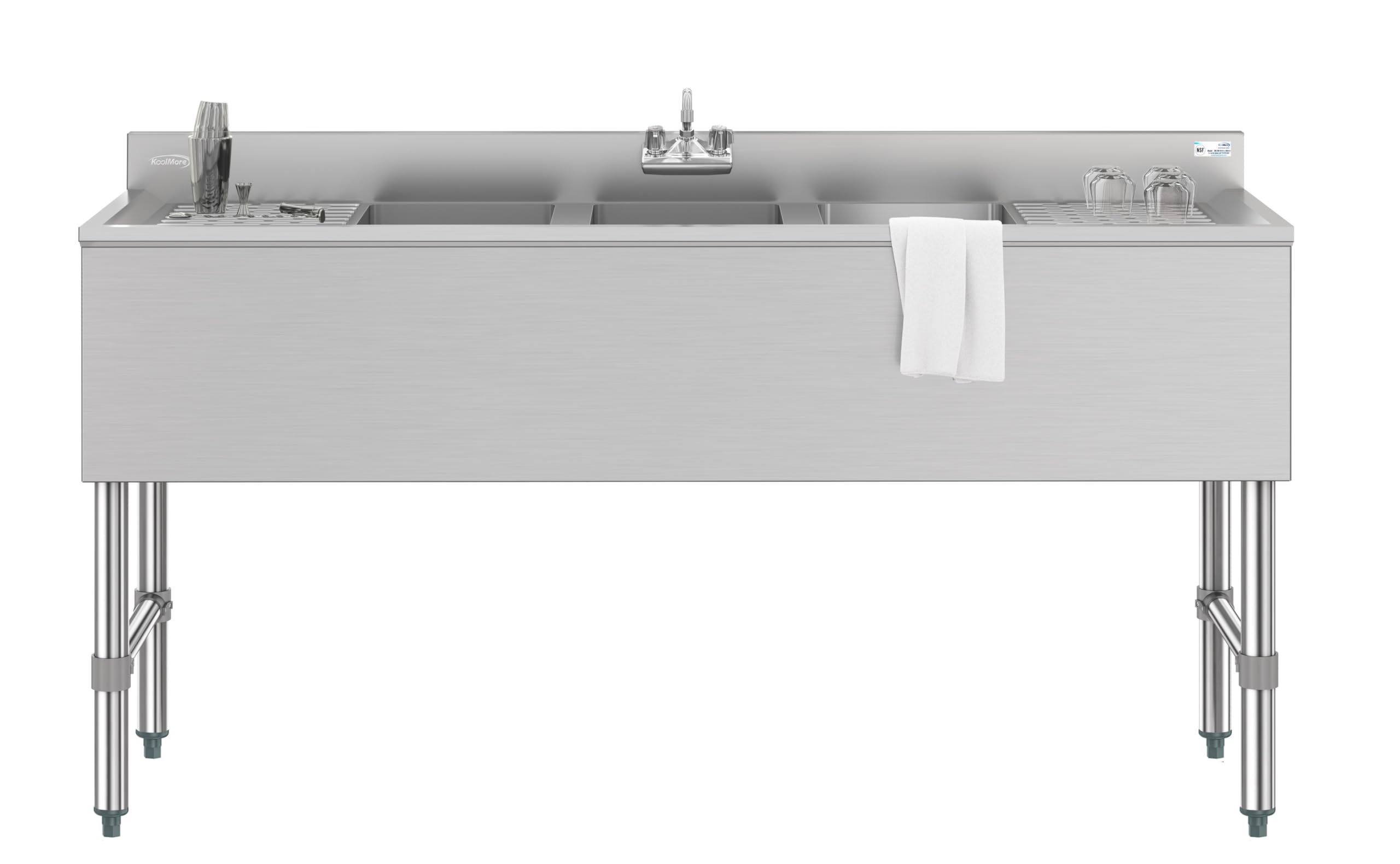 KoolMore 60 in. Three-Compartment Commercial Bar-Sink with 3 in. Backsplash, Dual Drainboards with Low Lead Faucet, NSF Certifie