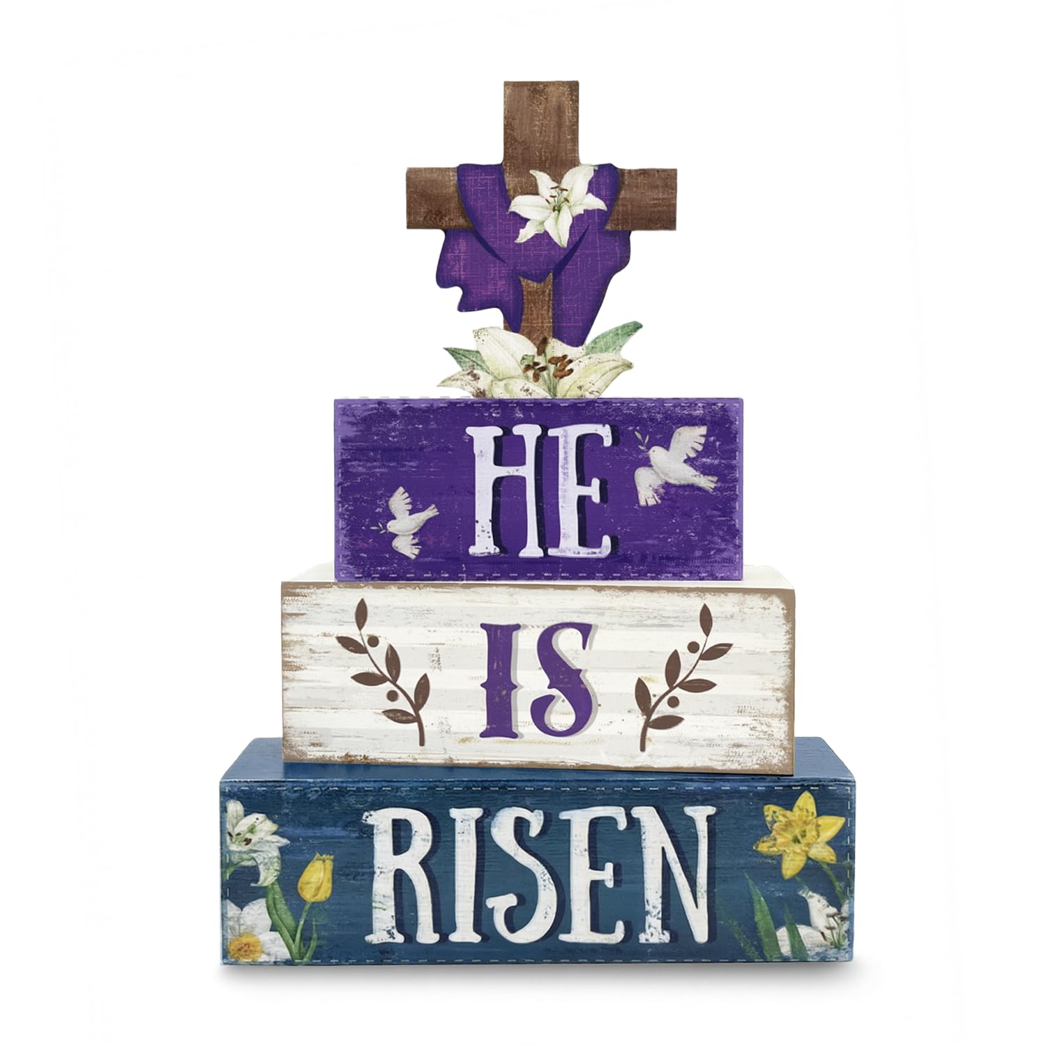 Golibra Easter Decorations, 4 Pcs Wooden Easter Table Decorations, He Is Risen Tiered Tray Decor, Wooden Table Sign for Desk She