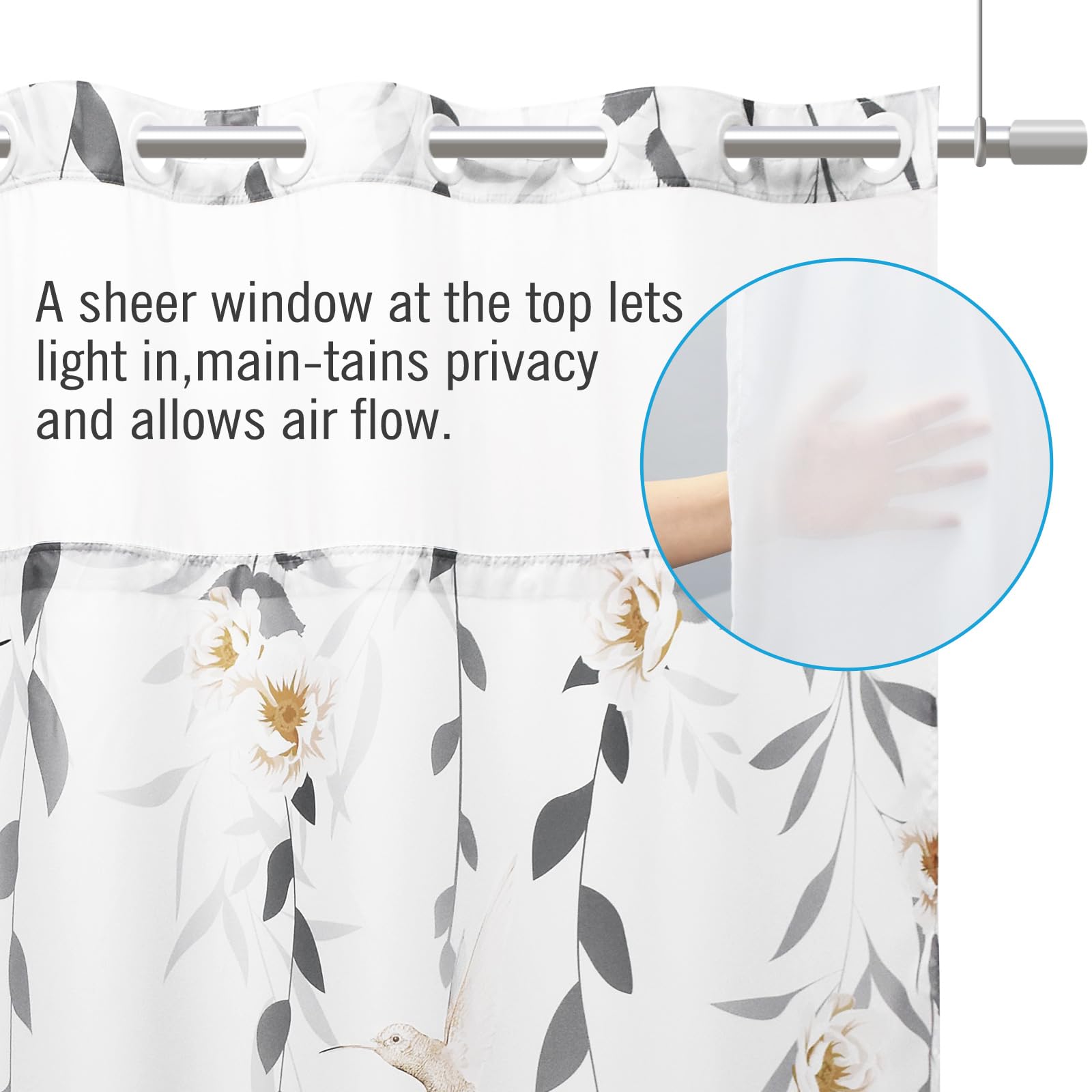 Withloc No Hook Shower Curtain With Snap In Liner - Fabric Waterproof Inner Liner, Plants Yellow Floral Grey Nature Birds Cloth