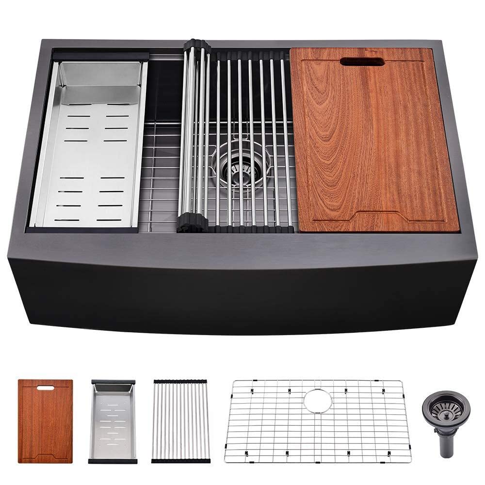 33 Inch Black Farmhouse Sink Workstation-Bokaiya 33X22 Apron Front Farm House Sink Stainless Steel 16 Gauge Deep Single Bowl Far