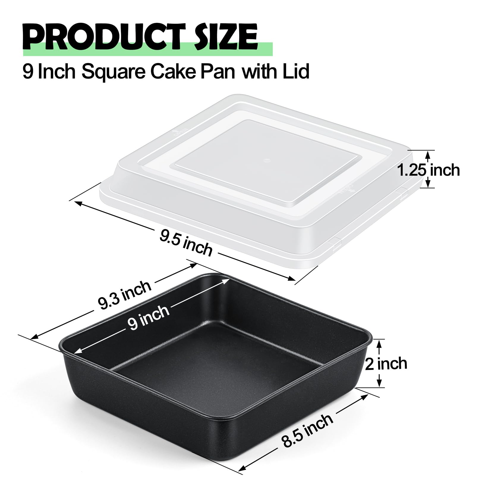 Teamfar 9 Inch Square Cake Pan With Lid, Non-Stick Square Baking Roasting Pan, With Stainless Steel Core For Cooking Cake Browni