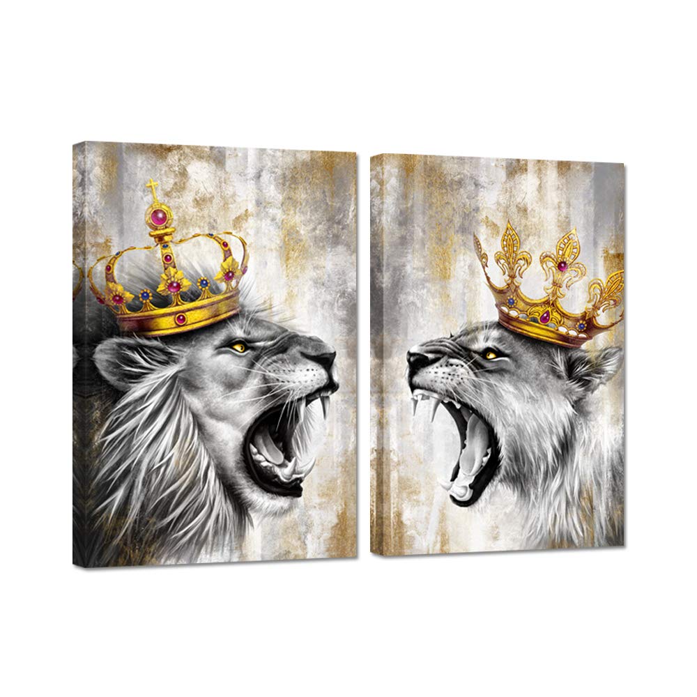 Zlove 2 Pieces Lion King Wall Art Lion And Lioness With Crown Grey And Gold Romantic Animal Couple Artwork For Bedroom Modern Ho