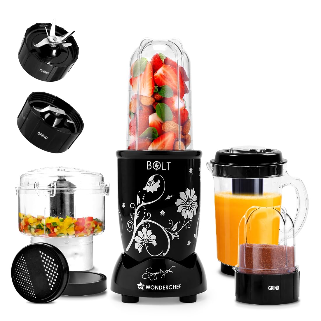 Wonderchef NutriBlend Bolt Complete Kitchen Machine|600W Powerful100% Full Copper Motor|4 Unbreakable Jars With Sipper Lid|2 Ye
