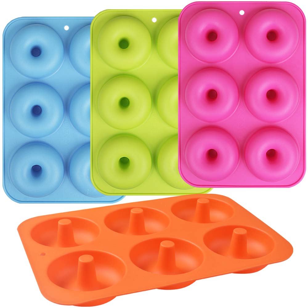 Newk Silicone Donut Pan, 6 Cavity Non-Stick Silicone Donut Mold For Donuts, Bagels - Set Of 4, Blue+ Light Green+ Rose Red+ Oran