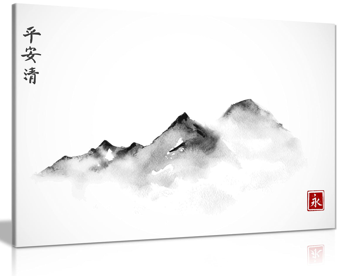 Japanese Water Colour Painting Art Black & White Mountains Canvas Wall Art Picture Print (30X20)
