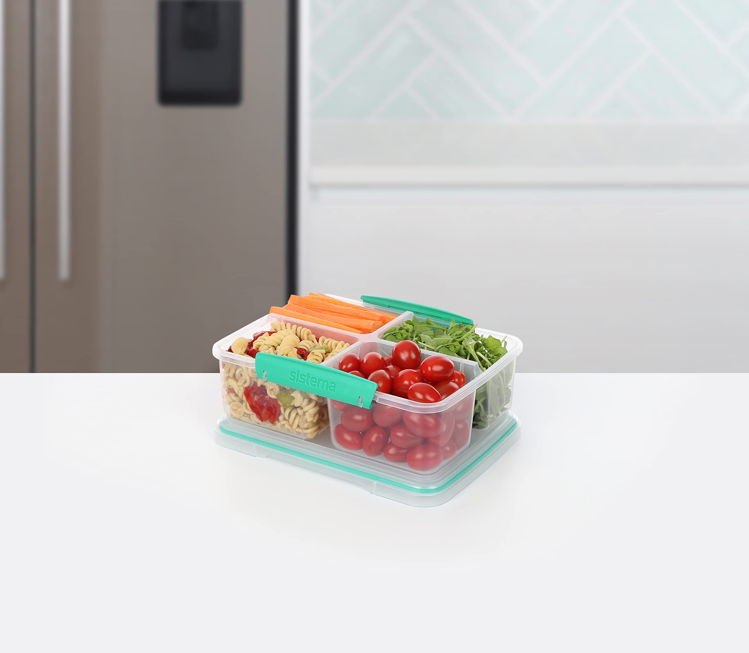 Sistema 1007708 To Go Quad Split Food Storage Container, Clear With Coloured Clips, 1.7 L