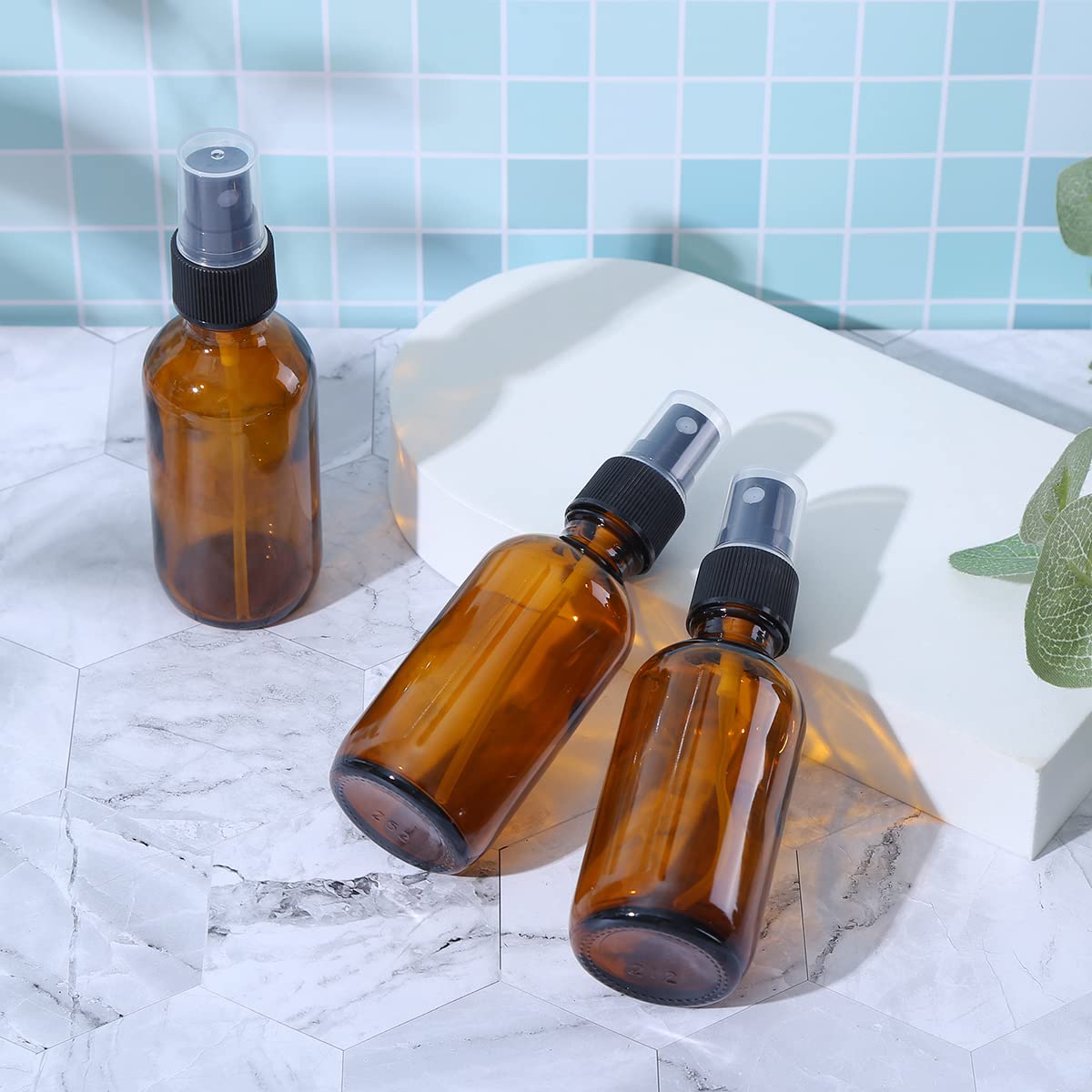 LUFEVRM 2oz Glass Spray Bottles Empty Small Perfume Travel Refillable Reusable Fine Mister Spray Bottle for Hair Cleaning Solutions Aromatherapy and Essential Oil with Extra Nozzle (3 pack  Amber)