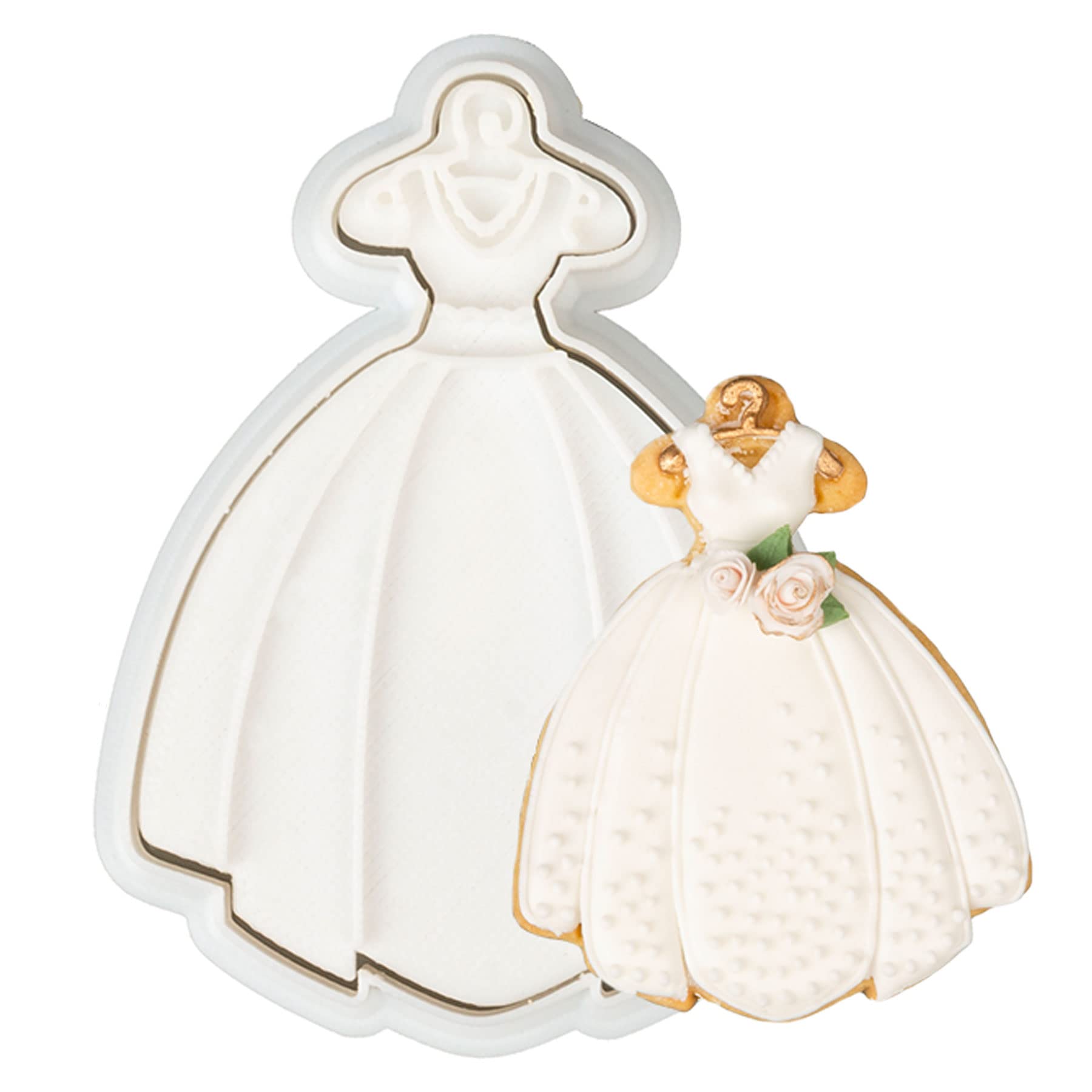 Flycalf Wedding Cookie Cutters Dress With Plunger Stamps Handle Bridesmaid Bridal Shower Holiday Pla Baking 3.5'' Cutter Molds F