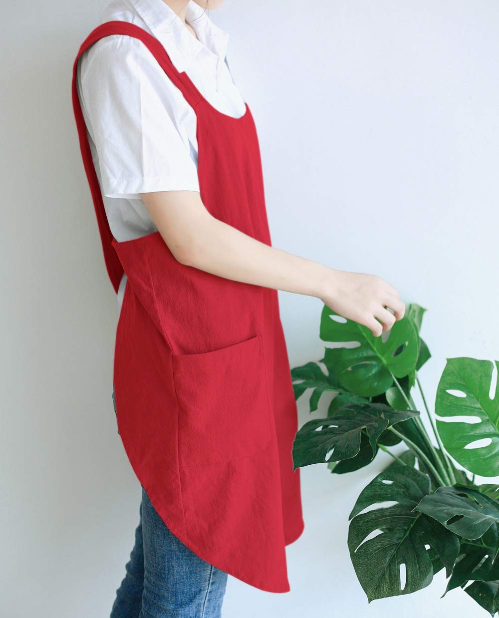 Newgem Japanese Linen Cross Back Kitchen Cooking Aprons For Men With Pockets For Baking Painting Gardening Cleaning Dark Red