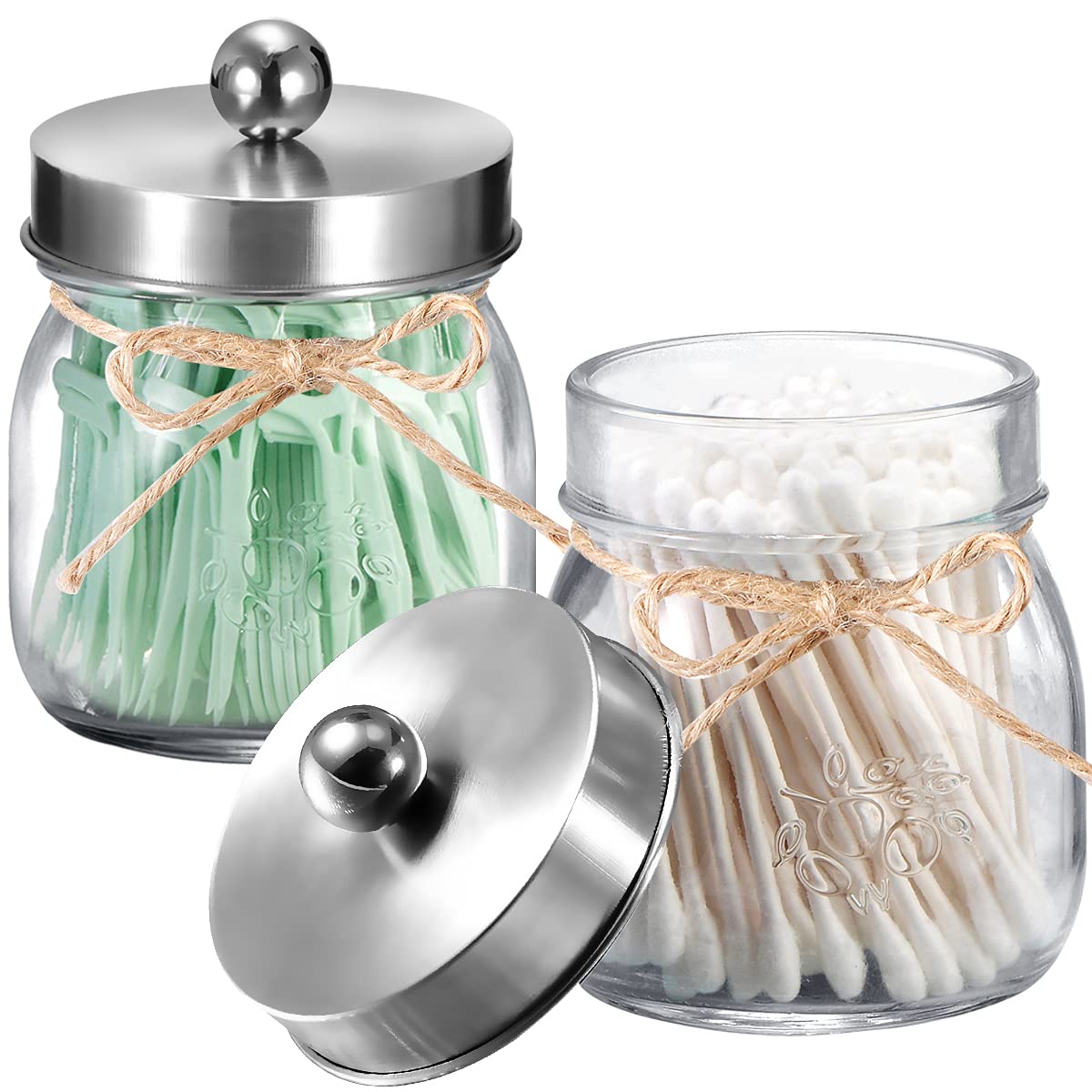 Farmhouse Rustic Decorative Mason Jars  Bathroom Vanity Storage Organizer Canisters Cute Glass Apothecary Jars with Stainless Steel Lid for Cotton Swabs Rounds Balls Floss pick 4 Pack (Brushed nickel)