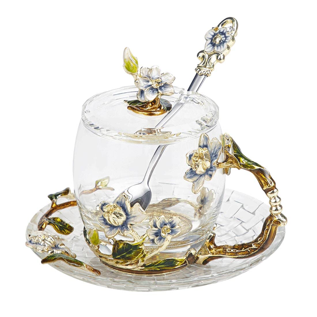 LANTREE Fancy Tea Cups Flower Coffee Mugs with Lid Mothers Day Gift Birthday Gifts for Female Valentines Day Christmas Gift Jas