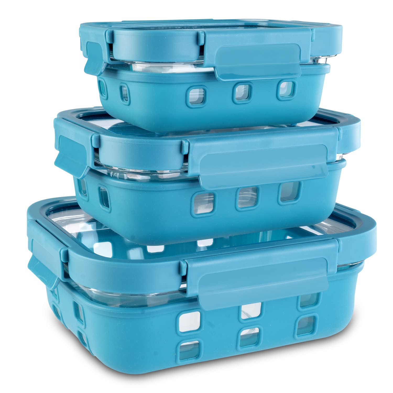 AGARO Imperial Borosilicate Glass Containers With Silicone Sleeves & With Lock Lid, 3 pcs Set, 370ml, 640ml, 1050ml, Kitchen, Se