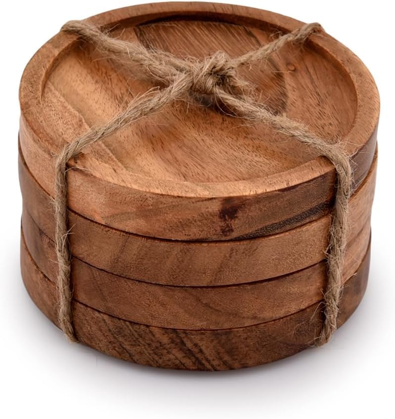 Shahaz Crafts Wooden Coasters For Drinks/Natural Acacia Wood Drink Coaster Set For Drinking Glasses, Tabletop Protection For Any