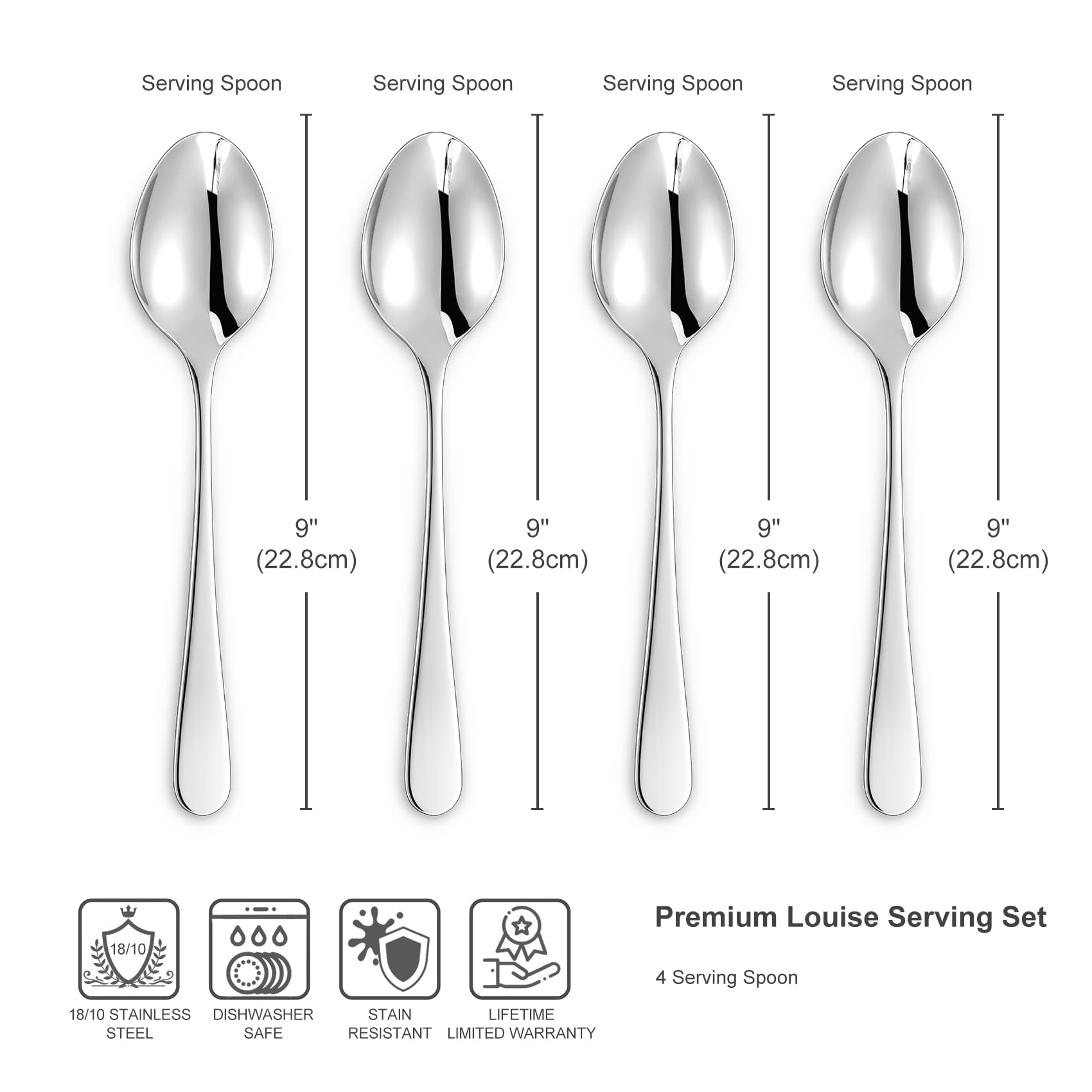 Keawell Premium Louise Spoons Set, Set Of 4, 18/10 Stainless Steel, Exceptional Mirror Finish, Dishwasher Safe (9 Serving Spoon)
