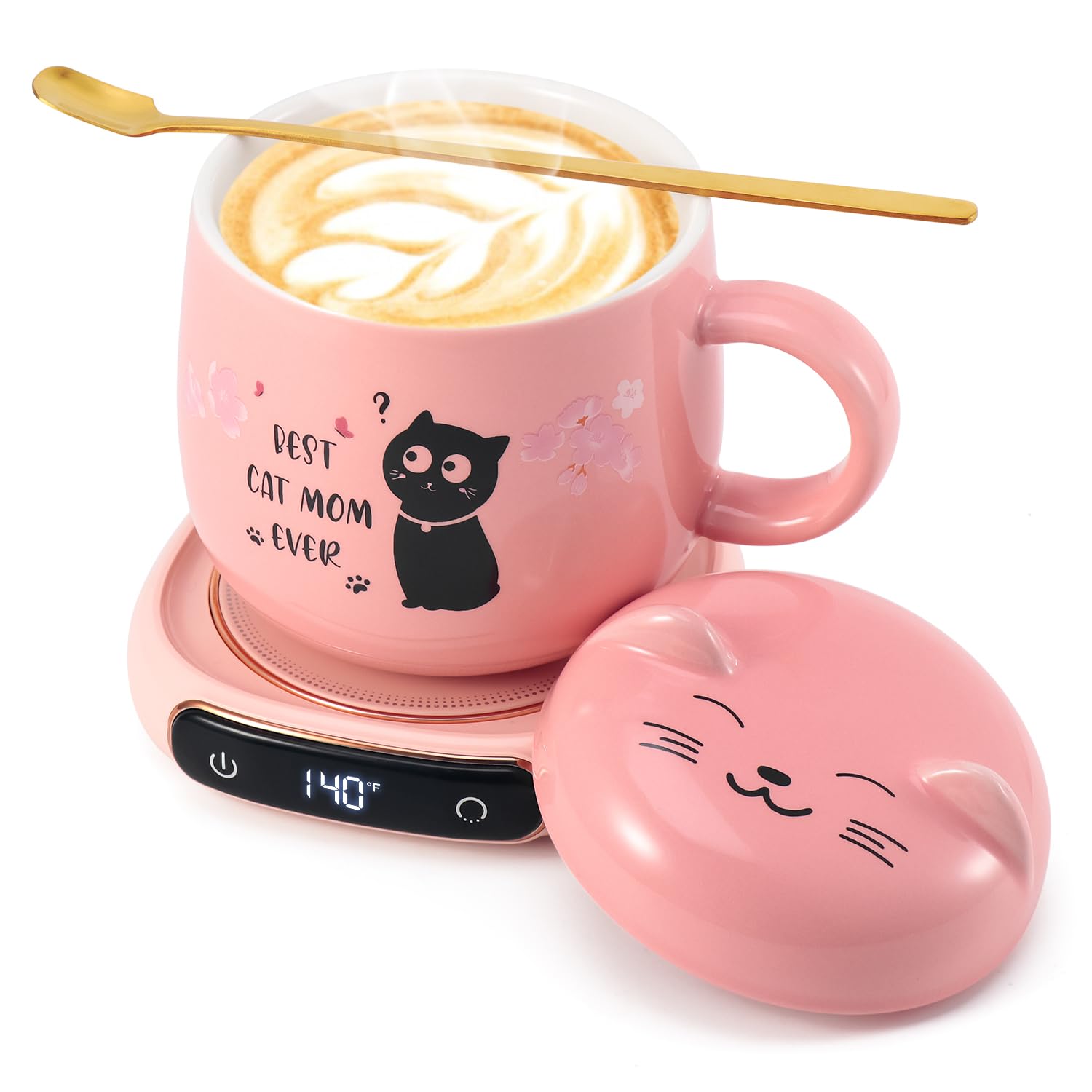 Bsigo Coffee Mug Warmer & Best Cat Mom Ever Mug Set, Electric Candle Mug Warmer 8H Auto Shut Off, Home & Office Beverage Cup Cof