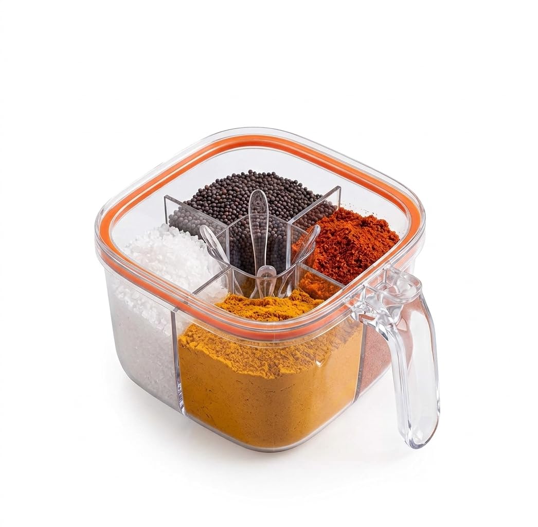 Qukwilaa 4In1 Airtight Masala Box With Lid And Spoons|Spice Dabba Box For Kitchen Transparent 4 Compartment Storage Containers