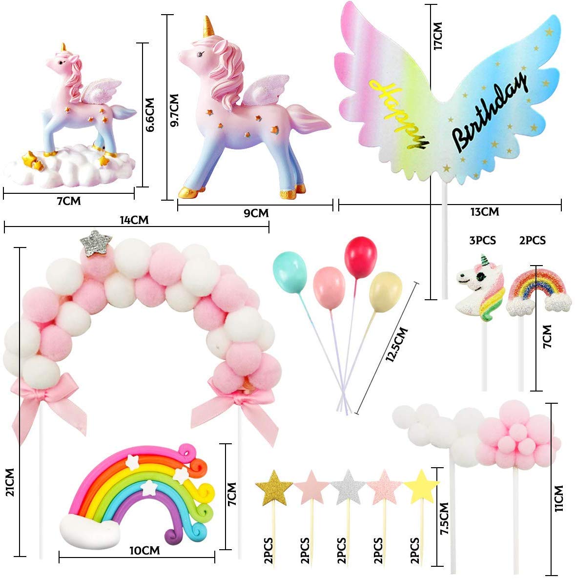 Movinpe Unicorn Cake Topper, Magic Unicorns Sculpture, Pink Hairball Arch, Rainbow, Wings Birthday Banner, Cloud, Balloon, Stars