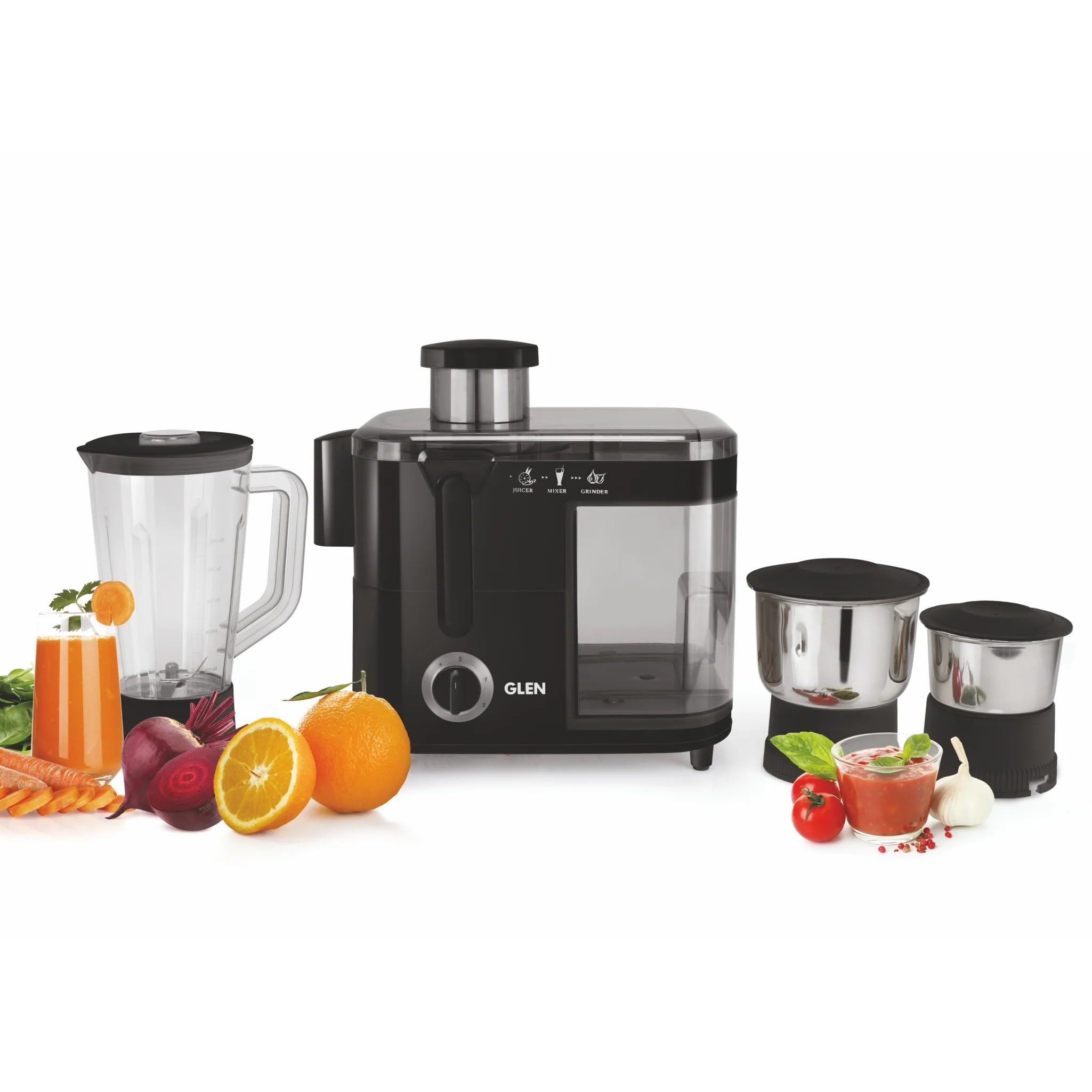 Glen 3-In-1 Juicer Mixer Grinder 600W With 1 Transparent Liquidiser, 2 Stainless Steel Grinder Jars - Black (Sa4014Jar3)