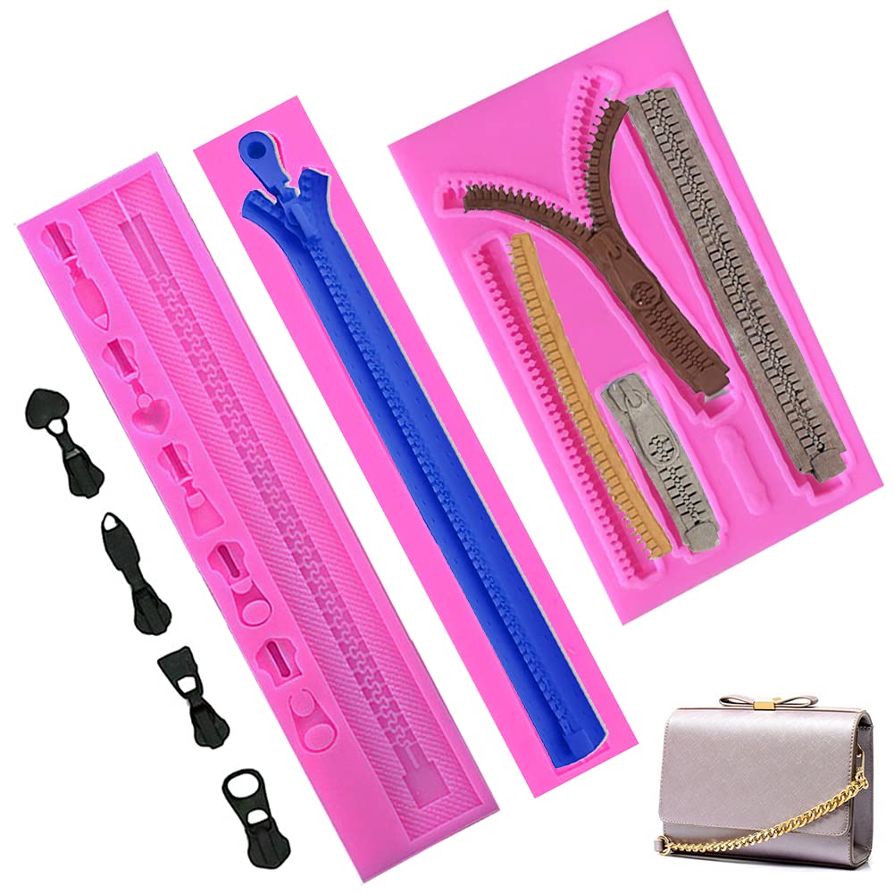 Kuuguu 3 Pcs Zipper Chain Silicone Mold For Diy Cake Cupcake Topper Fondant Chocolate Clay Mould Purse Bag Mold